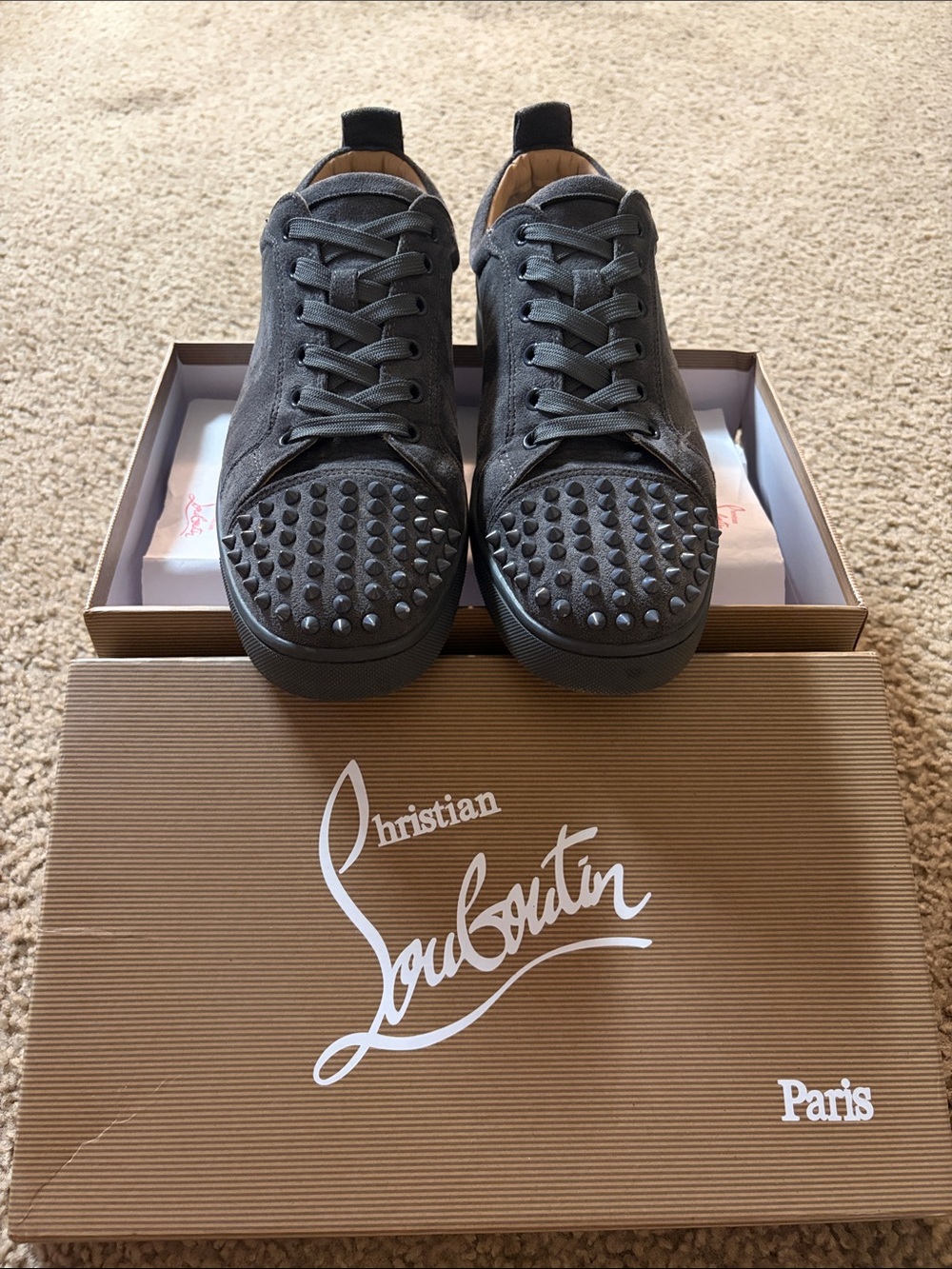 Christian Louboutin Men’s Charcoal Suede Studded Low-Top Sneakers